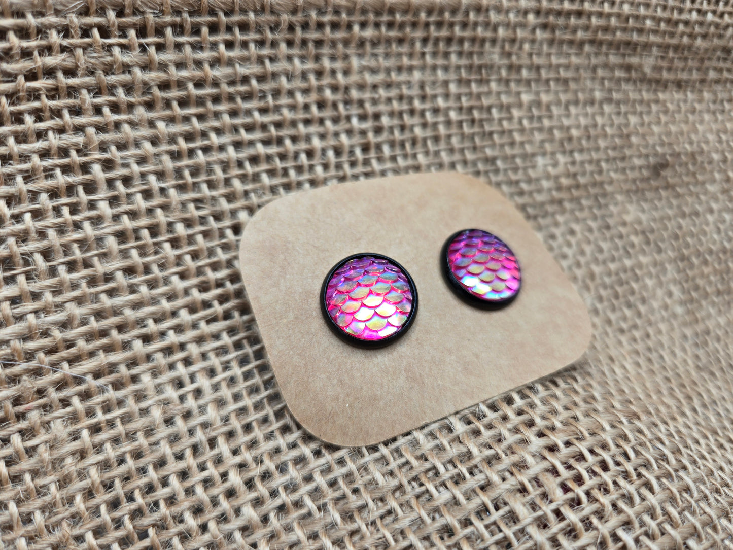 Magenta Mermaid Scale Stud on Black