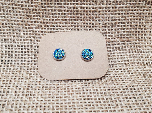 Emerald Blue Stud on Silver  - 8mm