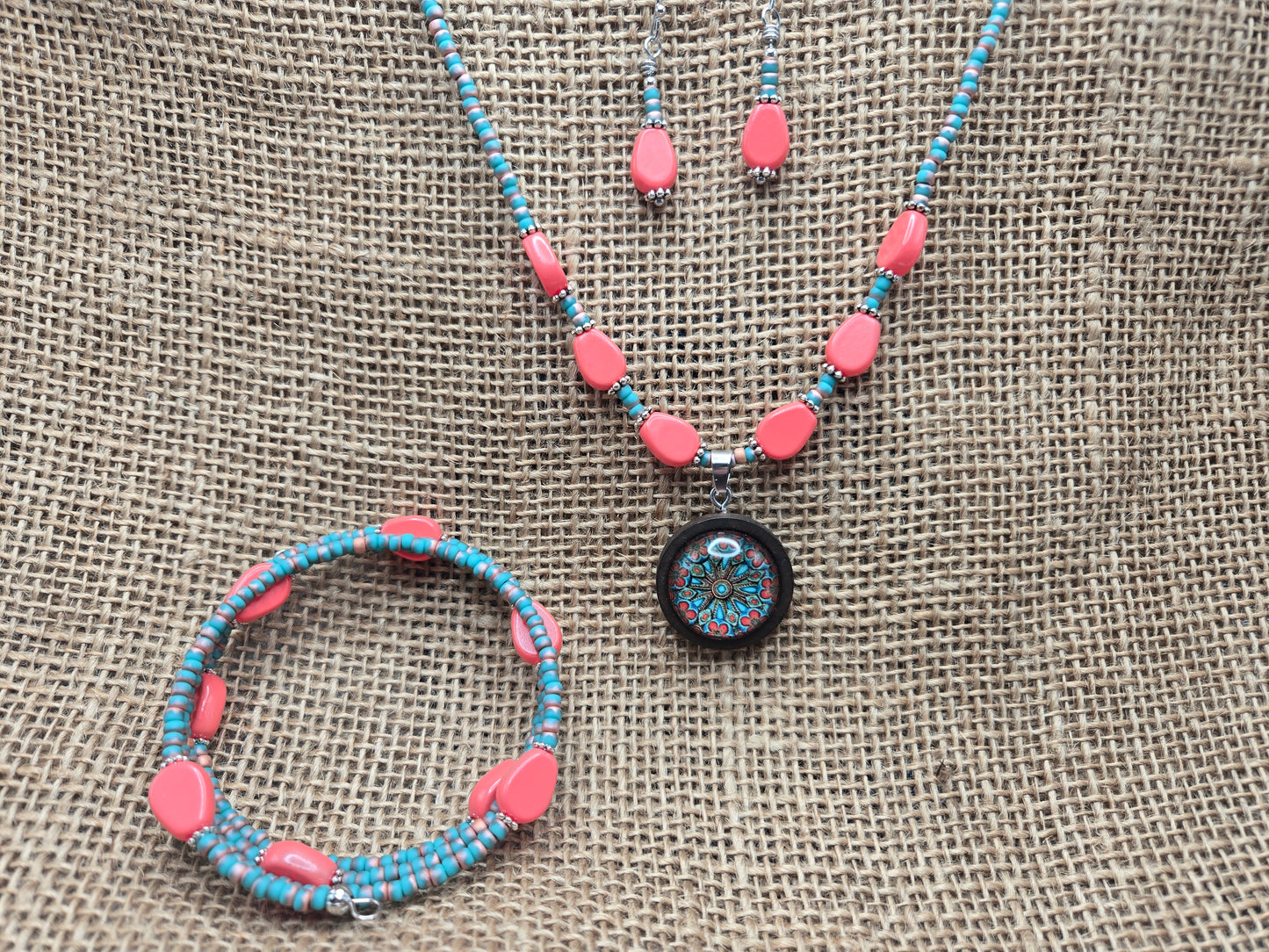 Salmon and Turquoise 3pc Necklace Set