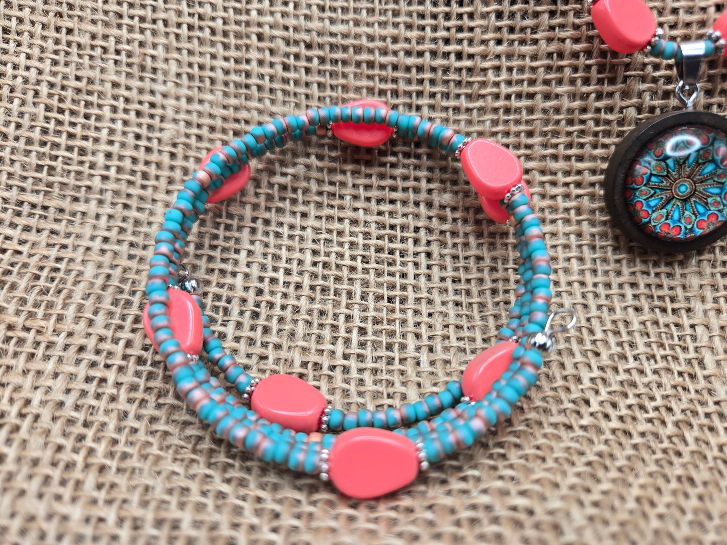 Salmon and Turquoise 3pc Necklace Set