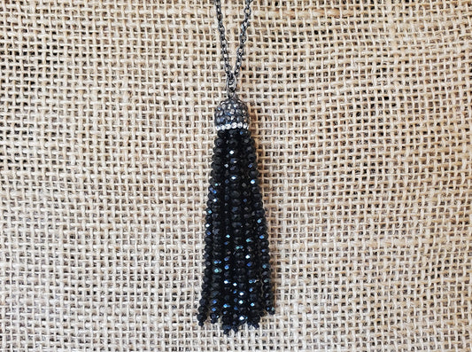 Black Beaded Tassel Necklace